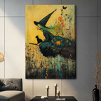 Witch and black cat broomstick botanical fantasy canvas wall art print displayed in contemporary grey living room