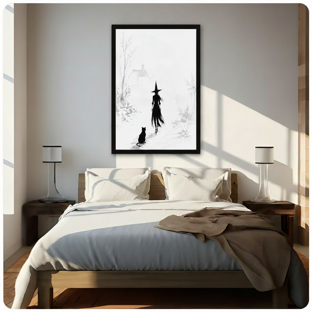 Black framed canvas wall art of a witch silhouette and black cat walking toward a misty cottage in a bare winter forest, displayed above a wooden bed in a sunlit minimalist bedroom