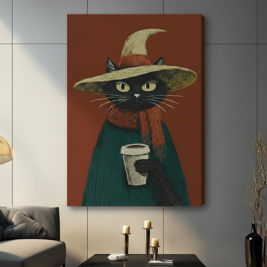 Gallery wrap canvas of black witch cat with coffee cup and teal sweater, rust orange background, living room display