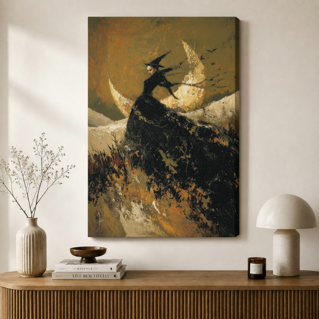 Gallery-wrapped dark fantasy canvas print featuring a witch on a golden crescent moon with flying birds, styled above a wooden sideboard with minimalist Scandinavian decor