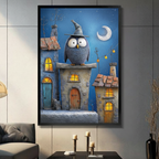 Black framed wizard owl canvas print in dark modern interior — cute owl in witch hat above glowing stone village, fantasy night wall decor