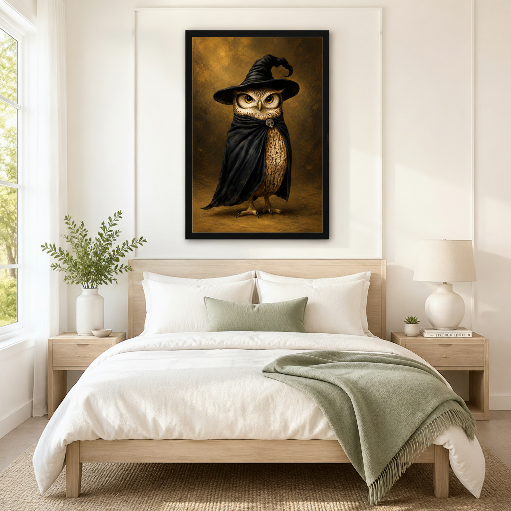 Black framed wizard owl art print hanging above a light oak bed with white bedding and sage green throw in a minimalist bedroom