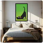 Playful stretching black dog framed wall art with bold green background, displayed in black frame above wooden bed in sunlit modern bedroom